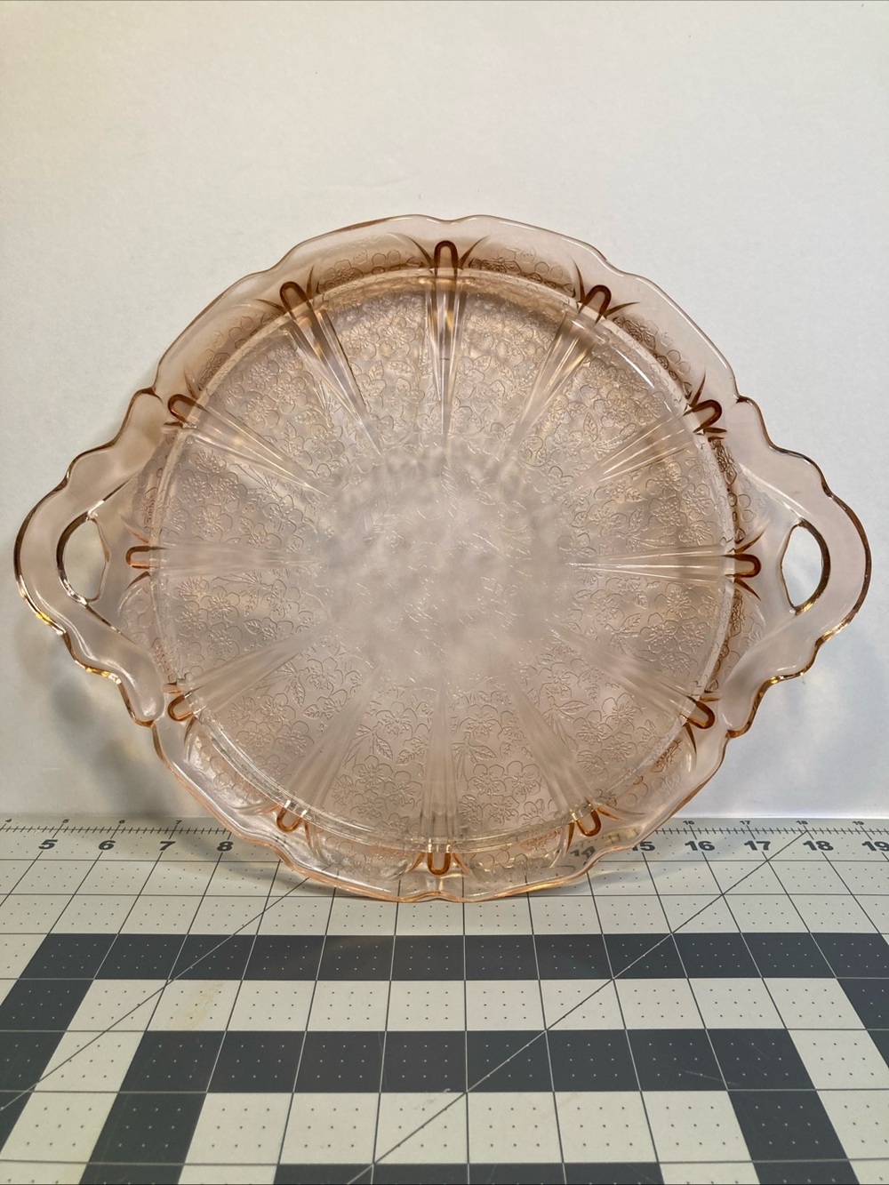 Vintage Jeannette Pink Depression Glass CHERRY BLOSSOM Handled Dish Cake Plate